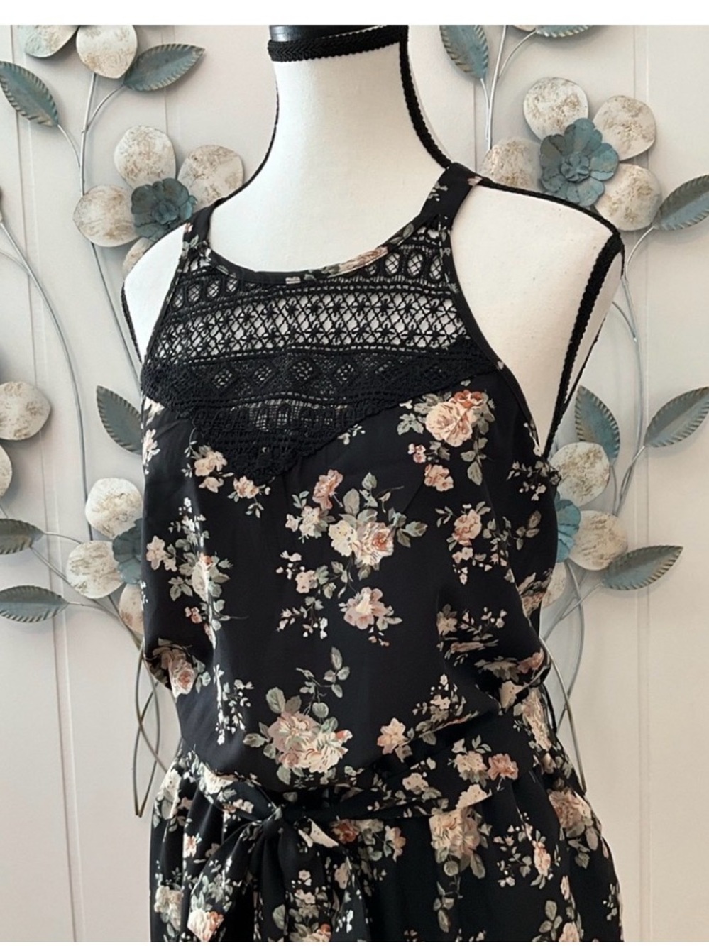 Floral Lace-Trim Black Jumpsuit